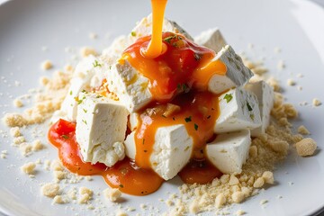 Wall Mural - Feta Cheese Explosion with Creamy Sauce and Crumbly Texture on White Background