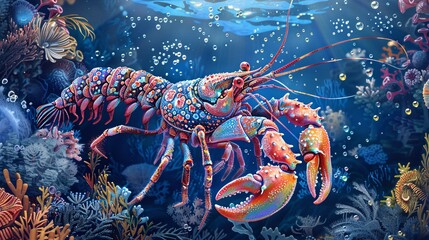 173. Crayfish character in an underwater world, depicted with intricate details against a deep blue ocean background, showcasing wild sea life and colorful marine elements