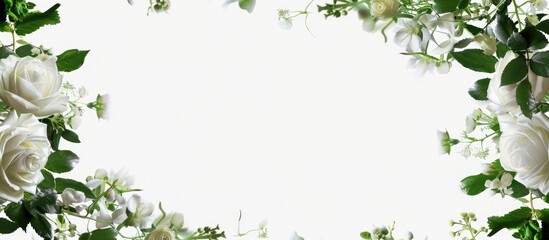 Poster - White roses greenery and blossoms form an elegant floral border frame on a white background in this nature themed design perfect for event mockups with copy space image