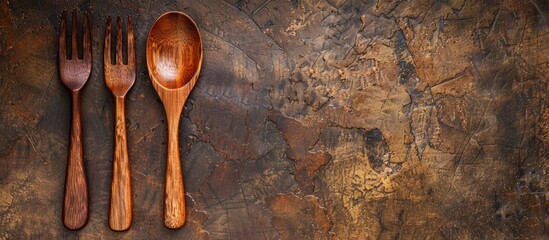 Wall Mural - Wooden spoon and fork set displayed on a textured brown surface providing space for adding an image viewed from the top. Creative banner. Copyspace image