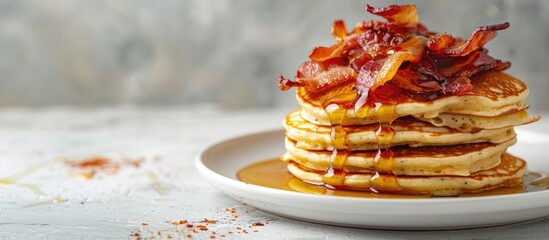 Aufkleber - Close up shot of appetizing pancakes topped with crispy bacon and drizzled with honey elegantly displayed on a white table with a designated area for adding text making it a copy space image