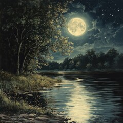 Wall Mural - A serene full moon illuminating a tranquil river flowing through a dense forest.