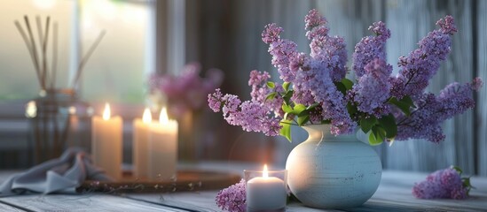 Poster - Home decor featuring a vase with lovely lilac blooms candles on a table and a copy space image available