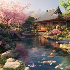 Wall Mural - A serene Japanese garden with a traditional house, blooming cherry trees, a koi pond, and a wooden bridge.