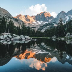 Sticker - A serene mountain lake reflecting the surrounding peaks and sky at sunset.