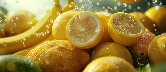 Aufkleber - Tropical fruits such as lemons and bananas presenting a vibrant mix of citrus and sweet flavors displayed in a copy space image