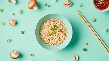 Wall Mural - A minimalist flat lay of ramen noodles, chopsticks, and various toppings like mushrooms and green onions.