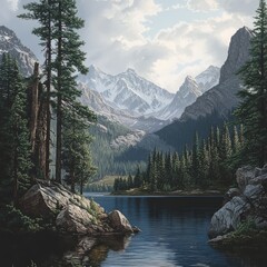 Poster - A serene mountain lake with tall, snow-capped peaks and a forest of evergreens.