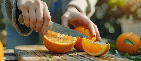 Poster - A woman slices an orange on a wooden table outside at a picnic showcasing a close up of the fruit with a focus on health and nutrition in a top down copy space image