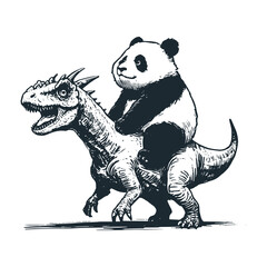 Sticker - The panda ride a dinosaur. Black white logo icon vector isolated.
