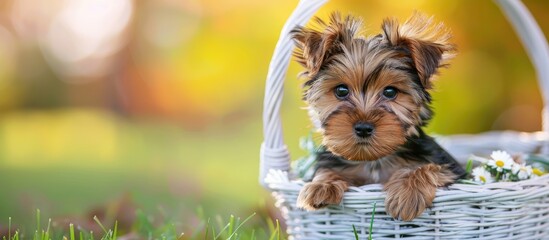 Poster - Fluffy Yorkshire Terrier puppy in a white wicker basket on green grass looking at the camera Domestic pets in copy space image