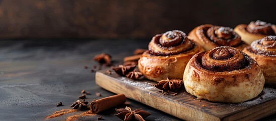 Aufkleber - Delicious cinnamon rolls on a wooden board against a dark backdrop with copy space image