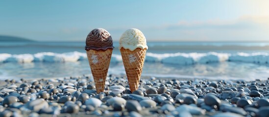 Poster - A vanilla and a chocolate ice cream cone are displayed on a pebble beach with a blue sea in the background allowing for copy space image