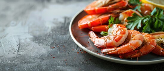 Aufkleber - Shrimp and vegetables on a plate in a restaurant setting with copy space image