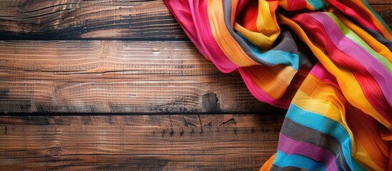 Leinwandbilder - Colorful tablecloth on a wooden surface with fabric and wood textures creates a vibrant background A top down view offers ample copy space image