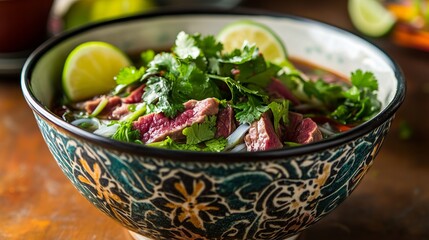 Wall Mural - A vibrant bowl of Vietnamese pho with fresh herbs, lime wedges, and beef slices served in a traditional bowl.