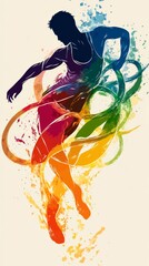 Poster - A silhouette of a dancer leaping with colorful splashes and swirls behind them.