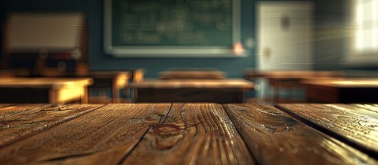 Fototapete - Blurred classroom setting with a wooden cabinet table in focus displaying ample copy space image
