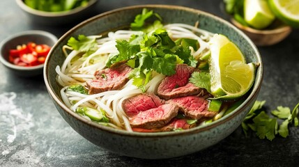 Wall Mural - A vibrant bowl of Vietnamese pho with fresh herbs, lime wedges, and beef slices served in a traditional bowl