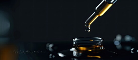 Poster - Close up view of a pipette dripping tincture onto a black surface with a spacious area for adding text within the image. Creative banner. Copyspace image