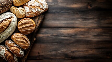 Assortment of freshly baked bread on wooden background