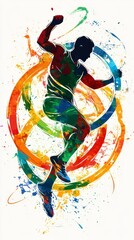 Poster - A silhouette of a male athlete running with colorful splatters and abstract swirls behind him.