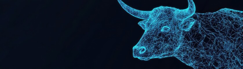 A stunning blue 3D wireframe bull design on a dark background, showcasing modern artistic representation and digital artistry.