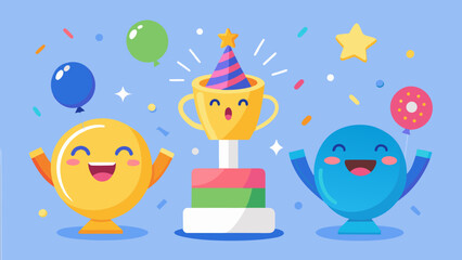 Celebratory illustration of a trophy and cheerful characters for festive and achievement themes