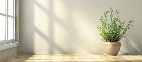 Wall Mural - A fragrant rosemary plant in a pot by a window with copy space image