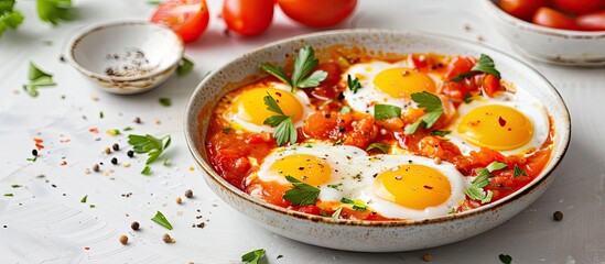 Aufkleber - Shakshuka dish with tomatoes and eggs served in a bowl on a bright background ideal for a copy space image