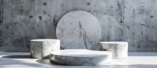 Leinwandbilder - Various podiums arranged on a gray backdrop for product photography with copy space image