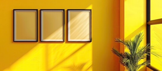Aufkleber - Artistic frames hang against a vibrant yellow wall ready for use as a copy space image