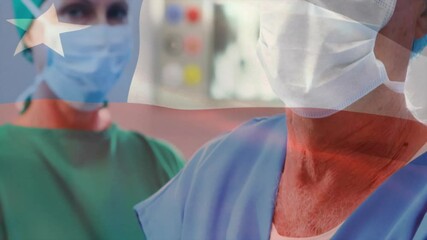 Poster - animation of flag of chile over diverse surgeons in hospital