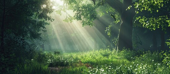Poster - Tranquil woodland scene with sunlight filtering through dense green forest creates a peaceful ambiance perfect for environmental conservation themes in this spate copy space image