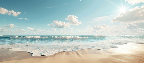 Poster - A serene scene with beige sand and a tranquil blue sea under the sunny sky ideal for adding a copy space image