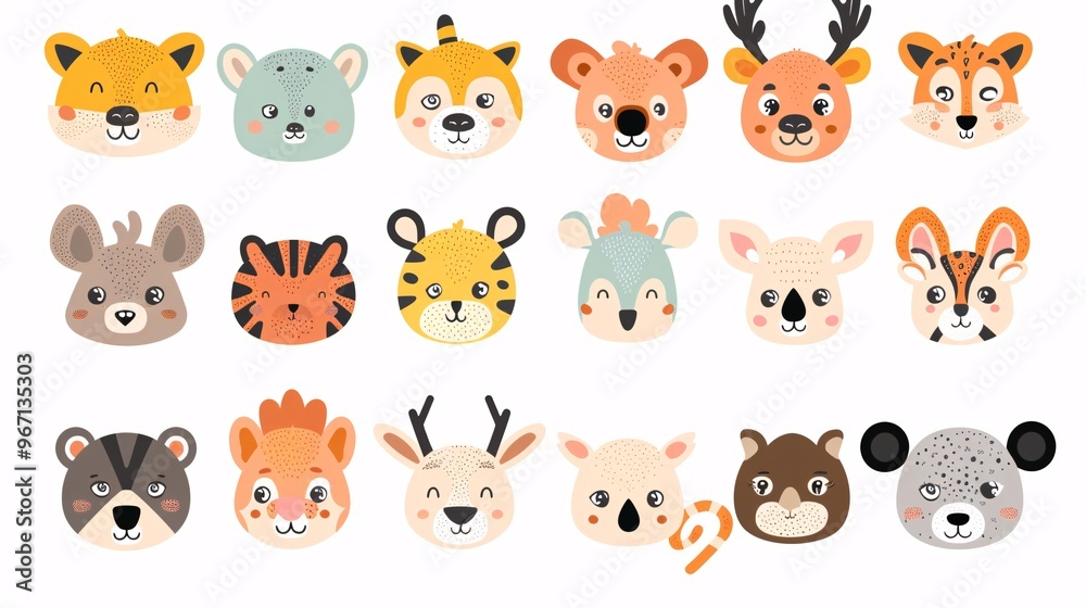 57. A diverse set of cute animal faces, featuring zoo, wild, farm, pet, rodent, and reptile characters, all illustrated in a kawaii cartoon style on a white background, perfect for baby graphic design