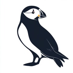 Wall Mural - A simplified illustration of an Atlantic puffin, a seabird with a distinctive black and white plumage and a large, colorful beak,  in a profile pose.