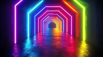 Poster - A vibrant neon tunnel reflecting colorful lights on a wet surface, creating a stunning visual effect ideal for artistic compositions.