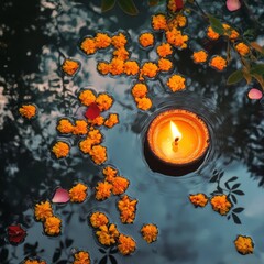 Poster - A single burning candle floats in a pool of water, surrounded by yellow flower petals and a reflection of the sky.