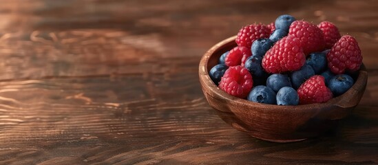 Poster - A variety of vibrant berries including raspberries and blueberries arranged in a wooden saucer placed on a rustic brown table with copy space image