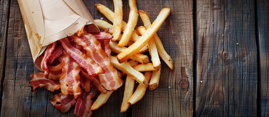Poster - Flat lay of appetizing French fries and bacon on a wooden surface with copy space image available