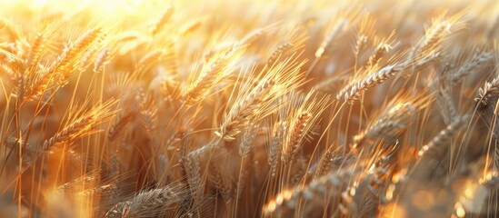 Poster - Close up of ripe rye ears in a sunny field creating a harvest themed copy space image