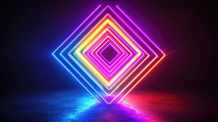 Poster - Vibrant neon diamond shapes glowing in a dark space, creating a captivating and energetic atmosphere for modern designs.