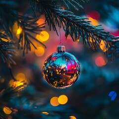 Poster - A single silver Christmas ornament hangs from a pine tree branch with colorful bokeh lights in the background.