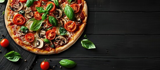 Poster - Delicious pizza with basil mushrooms and tomato on a black wooden table Flat lay composition with copy space image