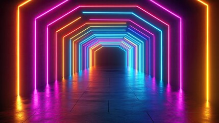 Poster - A vibrant tunnel illuminated with neon lights, creating a futuristic and mesmerizing atmosphere for creative projects.