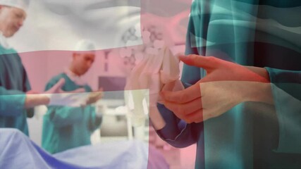 Poster - Animation of flag of england over diverse surgeons in hospital