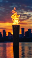 Sticker - A single torch burns brightly against a vibrant sunset with a city skyline in the background.