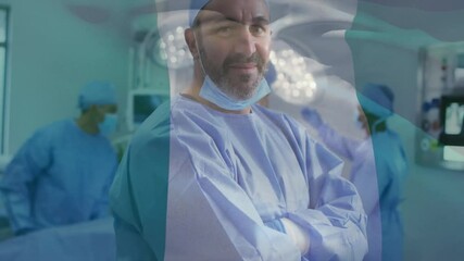 Poster - Animation of flag of nigeria over biracial male surgeon in hospital