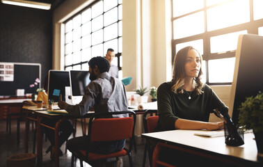 Poster - Business people, computer and woman in office typing and internet with planning, email notification and tech. Employees, consultant and coworkers with startup, copywriting and deadline for proposal